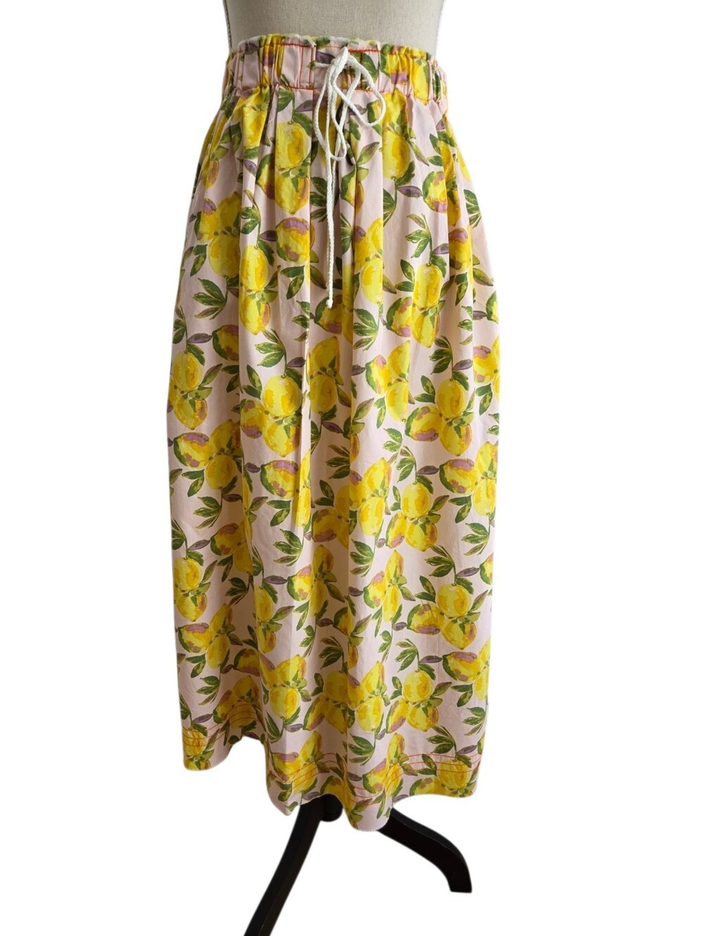 Lema French Market Skirts Lemon Print Midi Skirt Cottagecore Boho Drawstring
